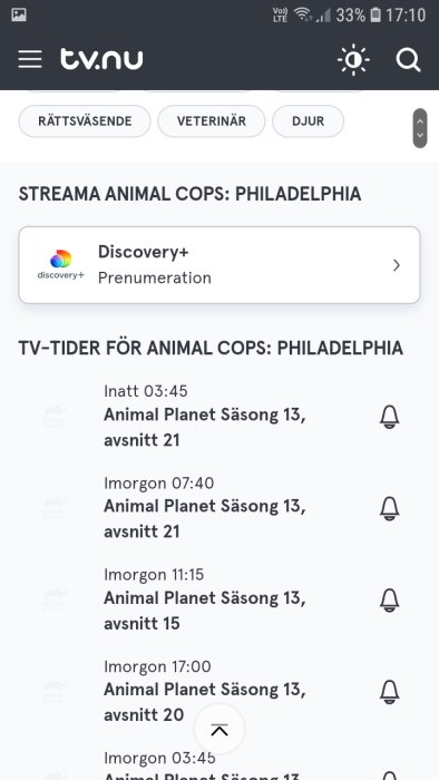 Skärmdump av tv.nu, visar sändningstider för "Animal Cops: Philadelphia" på Animal Planet.