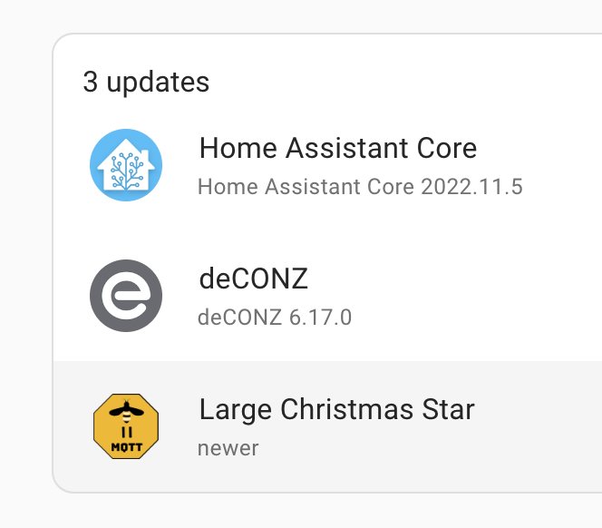 Skärmklipp visar tre programuppdateringar för hemautomatisering; Home Assistant, deCONZ och Christmas Star.