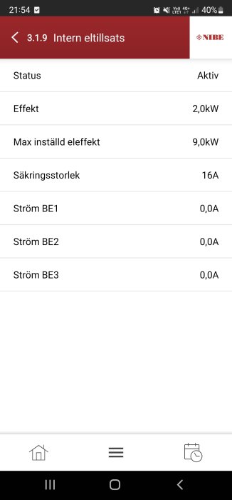 Skärmdump av NIBE värmepumpsapp, visar status och elkonsumtionsdata, 2 kW effekt, ingen ström BE1-BE3.