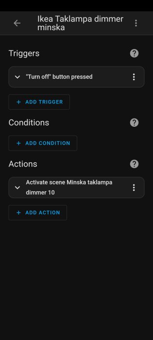 En skärmdump av en automationsmeny för att dimma en Ikea-taklampa när "Stäng av"-knappen trycks.