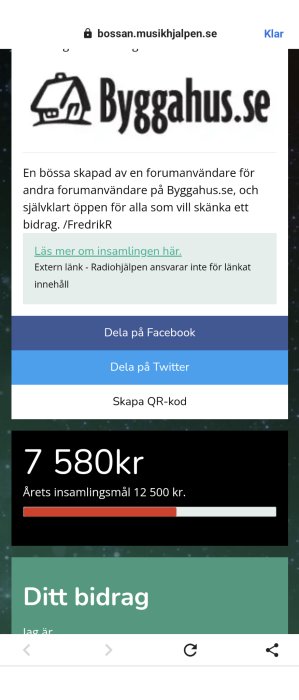 Insamlingsinsats på webbsida, Bygghus.se logo, insamlat belopp, målsumma, grönt och svart designelement, delningsknappar sociala medier.