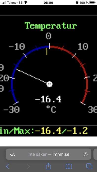 Digital termometer visar -16.4°C, kallt väder, min/max temperaturindikator, färgkodad temperaturskala.