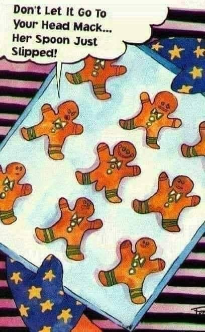 Pepparkaksgubbar på duk, ser ut som de dansar. Serietidningstext ovanför. Färgglad, humoristisk bild.