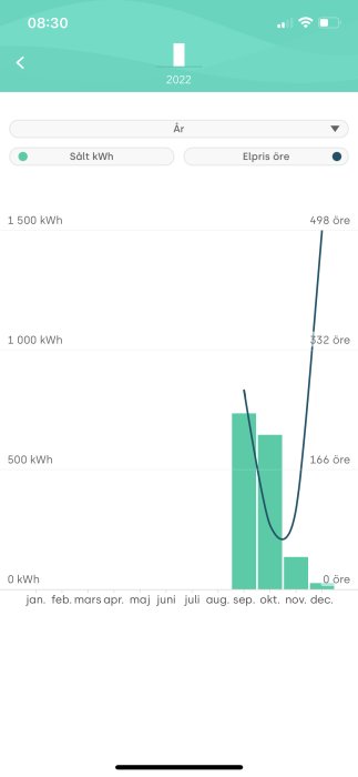 Mobilskärmsbild av elkostnad per månad för 2022; stapeldiagram och linjediagram visar elförbrukning och elpris.