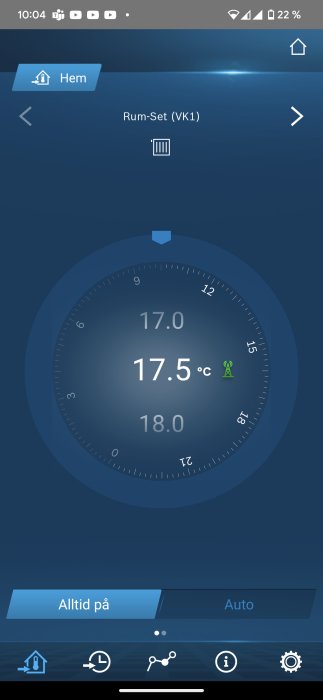 Digital termostat gränssnitt, aktuell rumstemperatur 17,5 grader Celsius, mobilapp.