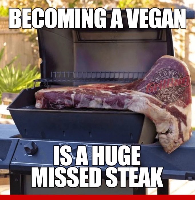 Ett stort stek på grill med ordspel om veganism som "missad biff". Humoristisk meme.