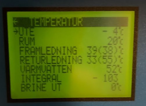 Digital display visar temperaturer: utomhus, rum, framledning, returledning, varmvatten och integral med siffror och procent.