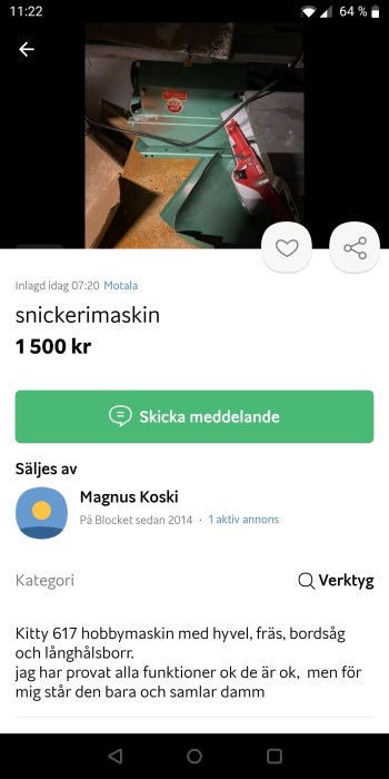 En skärmdump av en online-annons där en snickerimaskin, Kitty 617, säljs begagnad för 1500 kronor.