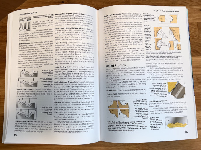 Uppslagen bok med text och illustrationer om träbearbetning, verktygsprofiler och slipinstruktioner för verktyg.