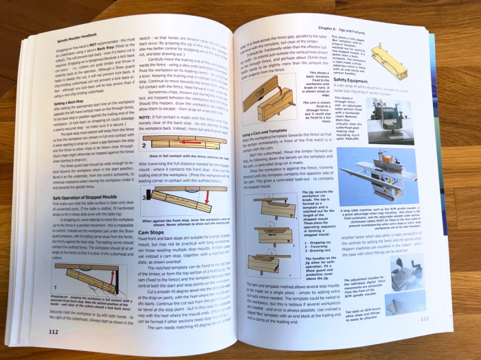 Instruktionsbok för snickeri eller träbearbetning, diagram, text, arbetsprocesser, viktiga säkerhetsanvisningar.