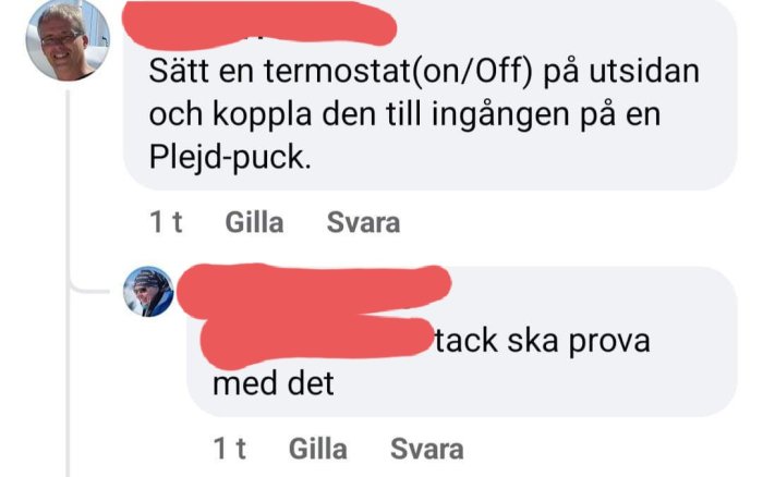 Skärmbild av konversation på sociala medier, teknisk rådgivning om termostat och Plejd-produkt, profiler syns.