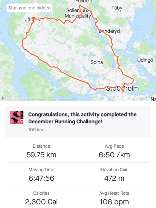 Karta över löprunda i Stockholm, 59.75 km, gratulerande meddelande, löputmaning klarad, löpardata och statistik.