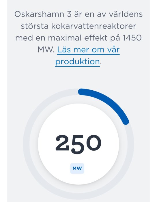 Digital display visar 250 MW. Text nämner Oskarshamn 3, reaktor, 1450 MW kapacitet. Blå och grå design.