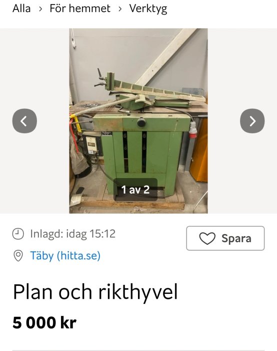 Använd planhyvel och rikthyvel, grönt, begagnat skick, säljs för 5000 kr online.