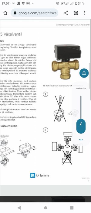 Svensk installationsmanual för LK 525 växelventil med monteringsanvisningar och produktbild.