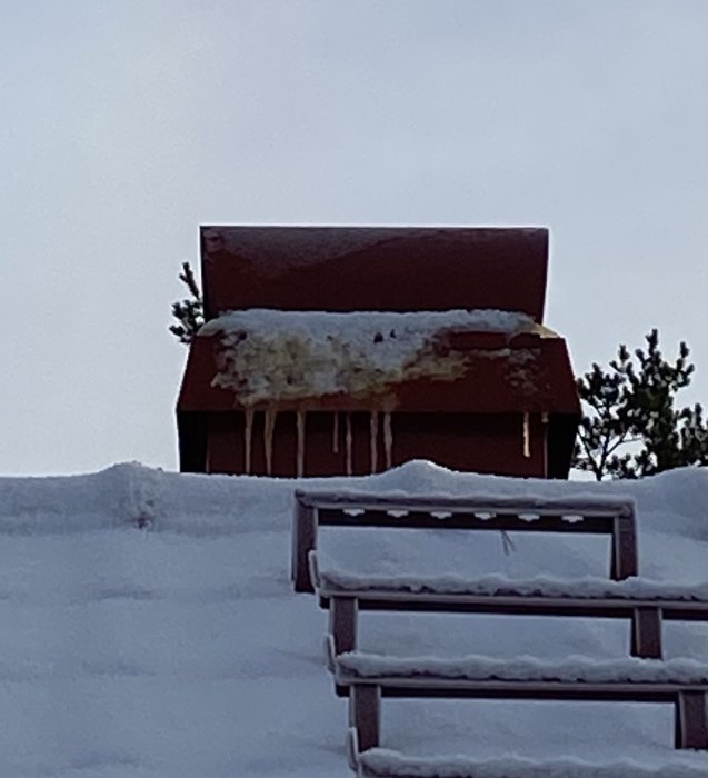Snötäckt lada med istappar, trätrapp, vinter, öde, kallt, dämpade färger, klart väder, dagtid.