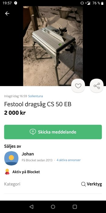 Festool bordssåg till salu på Blocket, ute i snö, skymning, annonserat av Johan.