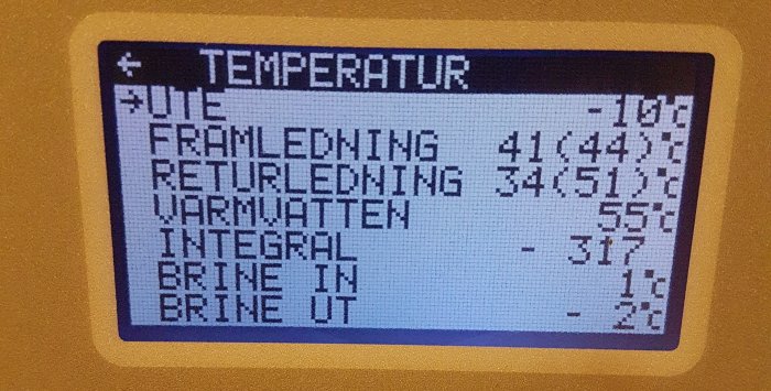 Digital display visar temperaturer för uppvärmningssystem; "framledning," "returledning," och andra värden på svensk.