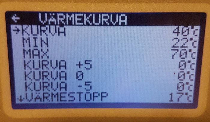 Digital display showing heat curve settings in Swedish, with minimum and maximum temperature options and adjustments.