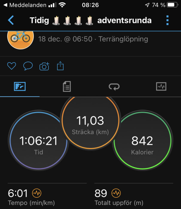 Skärmavbild av träningsapp visar löpresultat: tid, distans, kaloriförbrukning, tempo och höjduppgång.