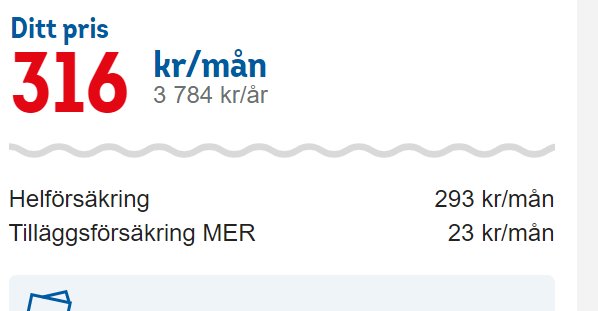 Bild på försäkringskostnader: månads- och årskostnad, hel- och tilläggsförsäkring med priser i svenska kronor.