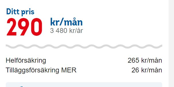 Prisinformation för försäkring, 290 kronor per månad, hel- och tilläggsförsäkringar listade, rött och blått tema.