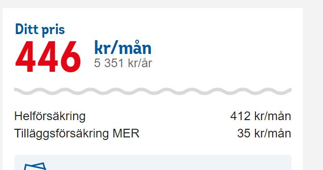 Svensk försäkringskostnad, månads- och årspris, huvud- och tilläggsförsäkringar specificerade.