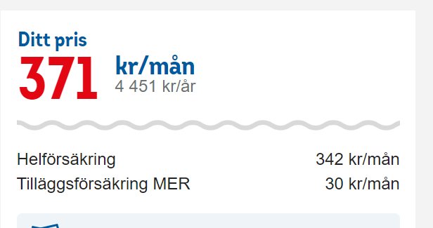 Prisuppgift på försäkring, månadskostnad 371 kronor, årlig kostnad 4451 kronor, hälso- och tilläggsförsäkring.