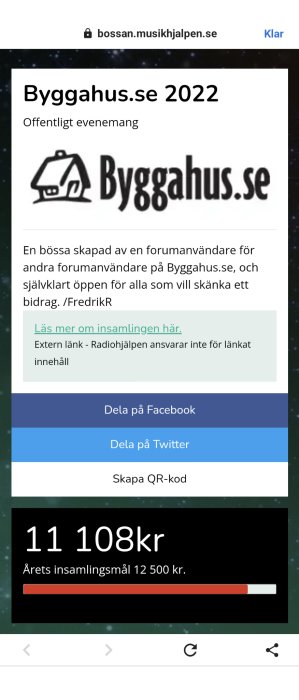 Insamlingskampanj på webbsida, nästan nått mål, länkar till sociala medier, informationsdelning, insamlat belopp synligt.