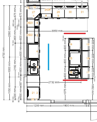 Arkitektonisk planritning av en byggnad med måttangivelser, rum, och dörrar markerade.