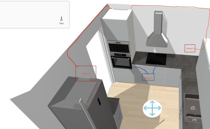 3D-modell av kök med skåp, inbyggda ugnar och köksö.