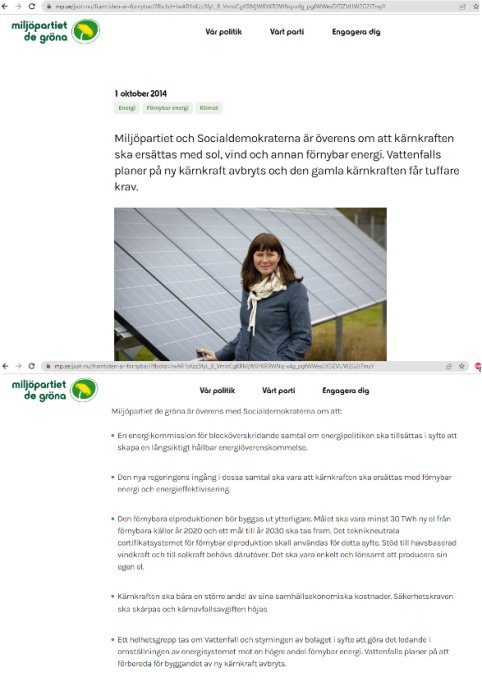 Kvinna framför solpaneler, webbsida om politik, energi, kärnkraft, Miljöpartiet, Socialdemokraterna, svensk text, datumangivelse.