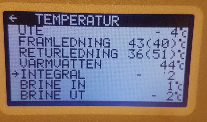 Digital display visar temperaturer för värme och kylsystem på svenska, möjligen för värmepump eller fjärrvärme.