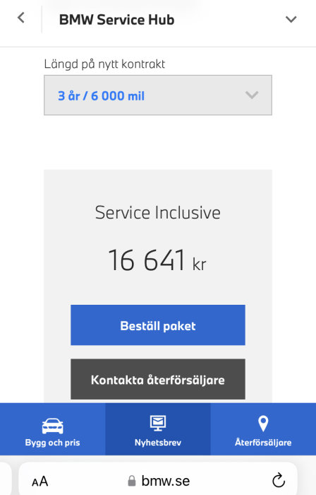 Skärmavbild från BMW:s webbsida, erbjuder servicepaket för 16 641 kr, beställnings- och kontaktalternativ synliga.