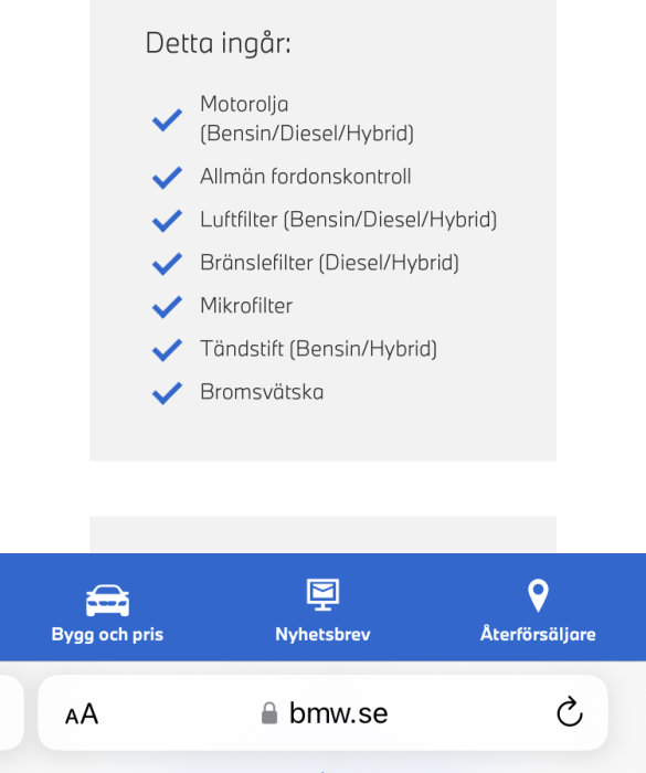 Lista med kontrollpunkter för bilservice: motorolja, allmän fordonkontroll, luftfilter, bränslefilter, mikrofilter, tändstift, bromsvätska.