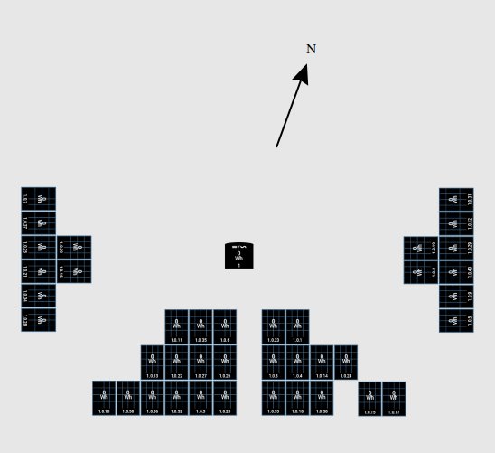 Schematisk bild av en byggnadsplan med koordinater och en nordpil.