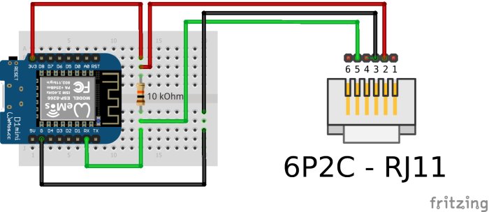 Fritzing-diagram av en mikrokontroller ansluten till en RJ11-telefonkontakt, inkluderar motstånd och kablage.