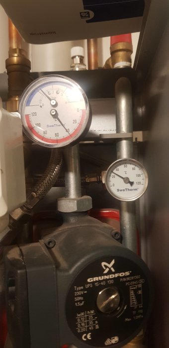 VVS-inställning med manometer, termometer, Grundfos cirkulationspump och kopplingar mot bakgrund av isolerade rör.