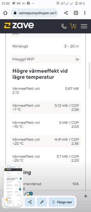 Skärmbild av webbsida som visar värmepumpseffekt vid olika temperaturer på varmepumpshopens webbplats.