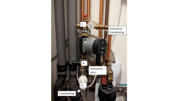 VVS-installation med rör, pump och ventiler för golvvärme med etiketterad framledning och retur.