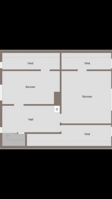 Ritning av en bostadsplan med ”sovrum”, ”vind”, ”hall”, och ”G” markerat.