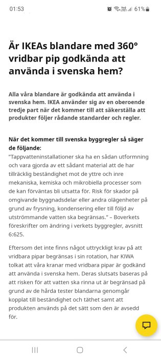 Skärmavbild av text om IKEA-blandare, godkänd användning i svenska hem, byggregler och tredjeparts validering.