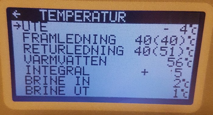 Digital display visar temperaturdata för trolig uppvärmningssystem. Svenska ord, LCD-skärm, enkel grafik.