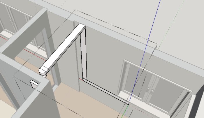 3D-modell av ett rum med möbler, väggar och linjer som indikerar mått och struktur.