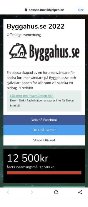 Insamlingssida, Byggahus.se 2022, offentligt event, uppnått mål 12 500 kr, delningsknappar, QR-kod skapning.