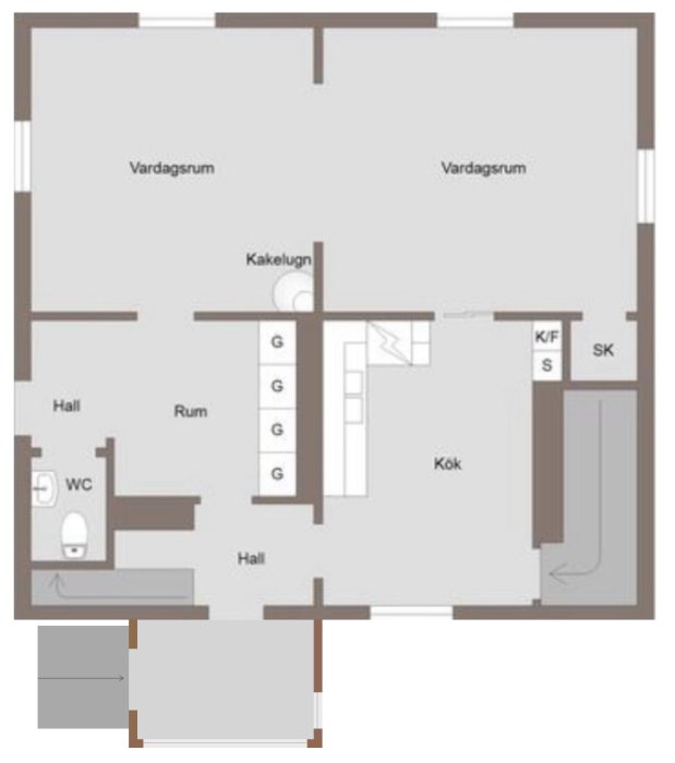 Ritning av en lägenhet med två vardagsrum, kök, hallar, WC och rum.