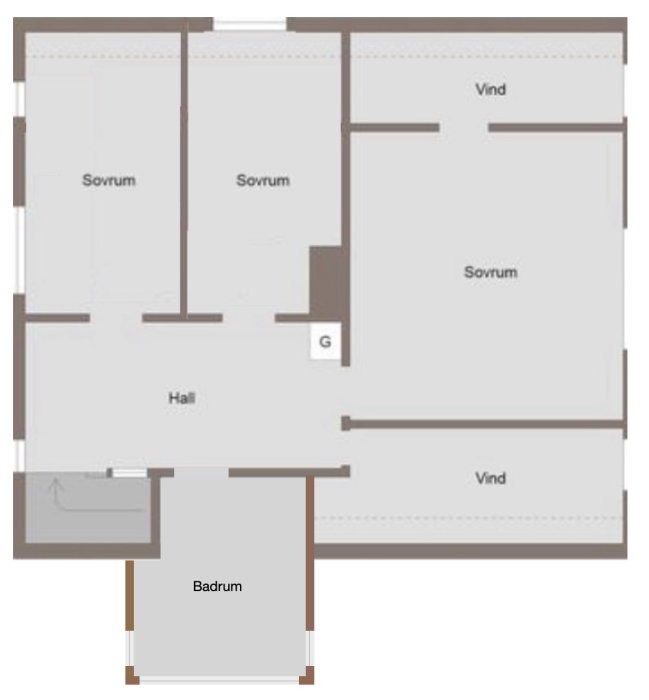 Ritning av en planlösning: tre sovrum, hall, badrum, vind. Enkel och översiktlig design.