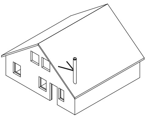 Svartvit illustration av ett enkelt hus med sadeltak, skorsten och flera fönster, utan bakgrund.