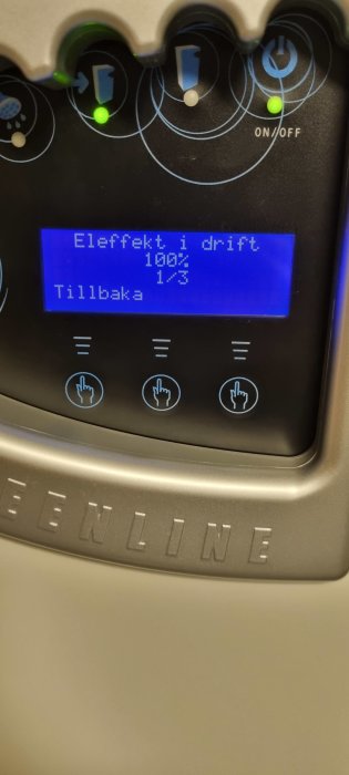 Display visar "Eleffekt i drift 100%", touch-knappar, grönt ON/OFF-ljus, texten "Tillbaka" och "Fine Line".