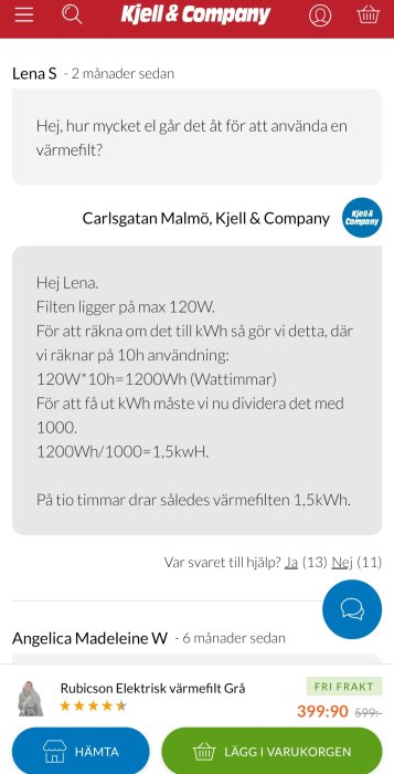 Skärmdump från Kjell & Company, diskussion om elanvändning för en värmefilt, matematisk uträkning av energiförbrukning.